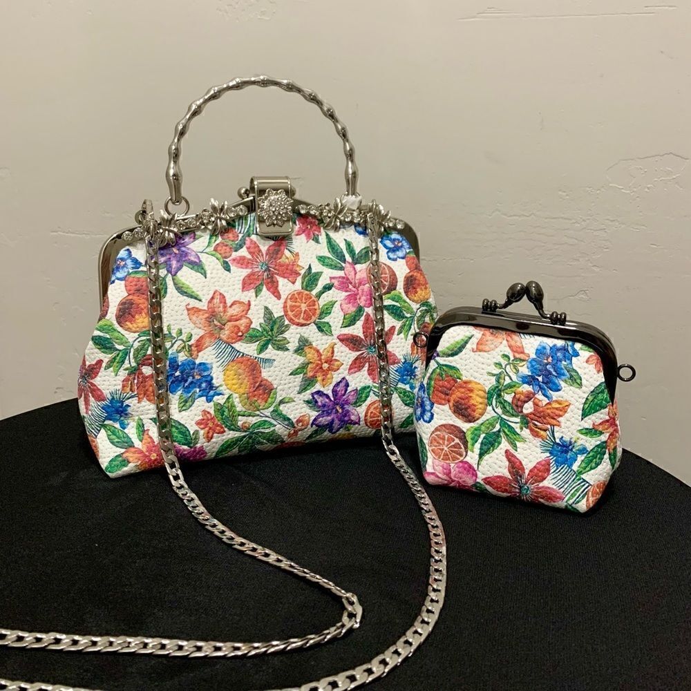 Handmade Genuine Embossed Leather Rhinestone Metal  Frame Handbag & Small Purse